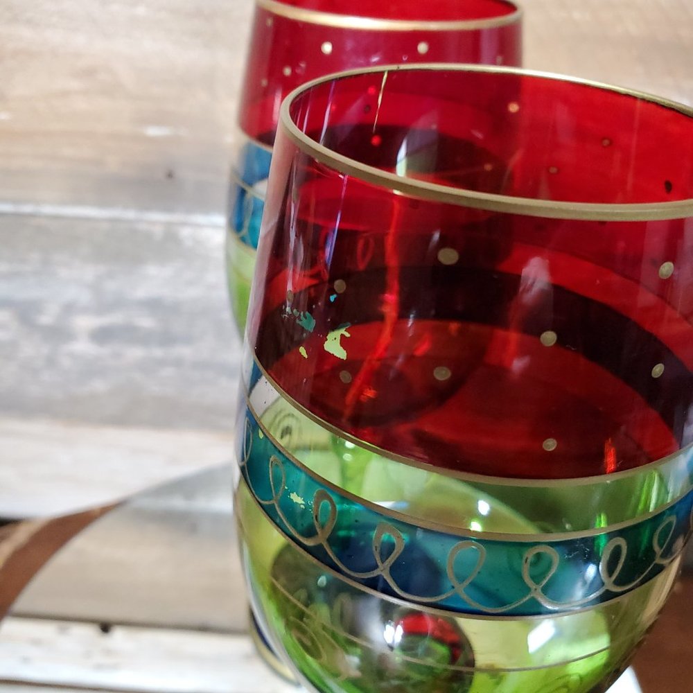 Vintage 90's Handpainted Crystal Christmas Bordeaux Wine Glasses - Pair - Picture 5 of 7
